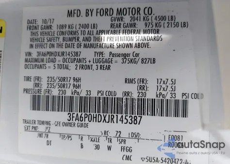 2018 Ford Fusion Se z USA, uszkodzony, nr VIN 3FA6P0HDXJR145387